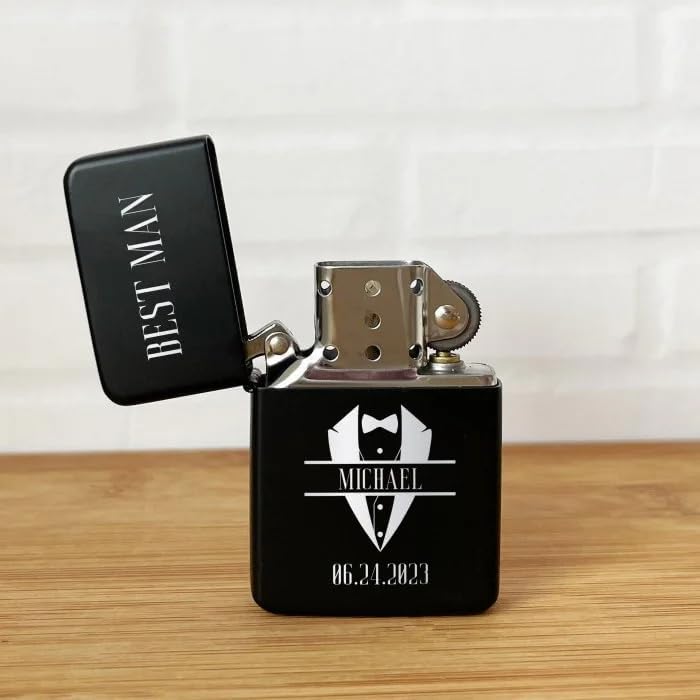 Ships Next Day, Custom Personalized Lighter with Case & Name, Bachelor Party Groomsmen Gift, Engraved Lighter Gifts for Husband and Dad (Monogram Design)